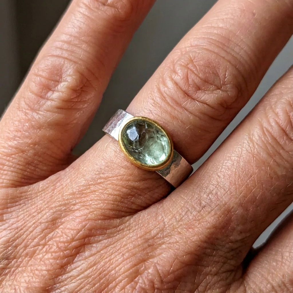 Vintage-Style Tourmaline-Look Sterling Silver Ring with Gold-Tone Bezel