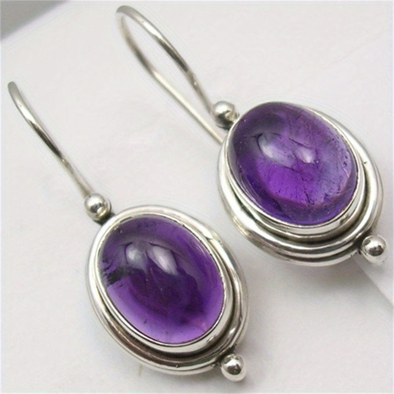 Vintage Boho Purple Gemstone-Look Silver-Plated Drop Earrings