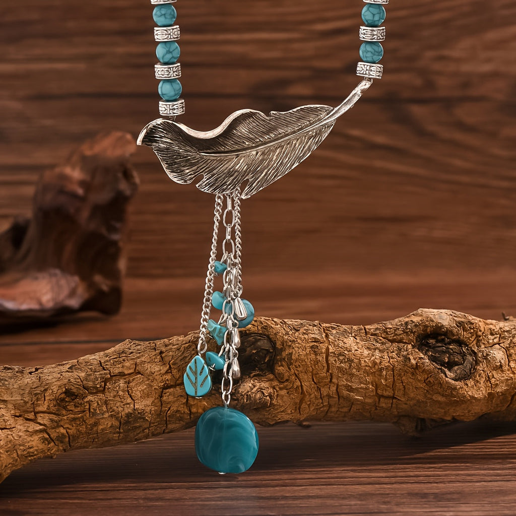 Vintage Bohemian Turquoise Bead Leaf Pendant Necklace