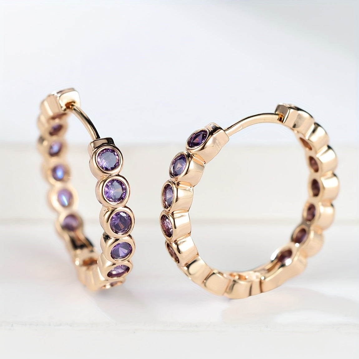Ethnic-Style Purple Zirconia Crystal Hoop Earrings