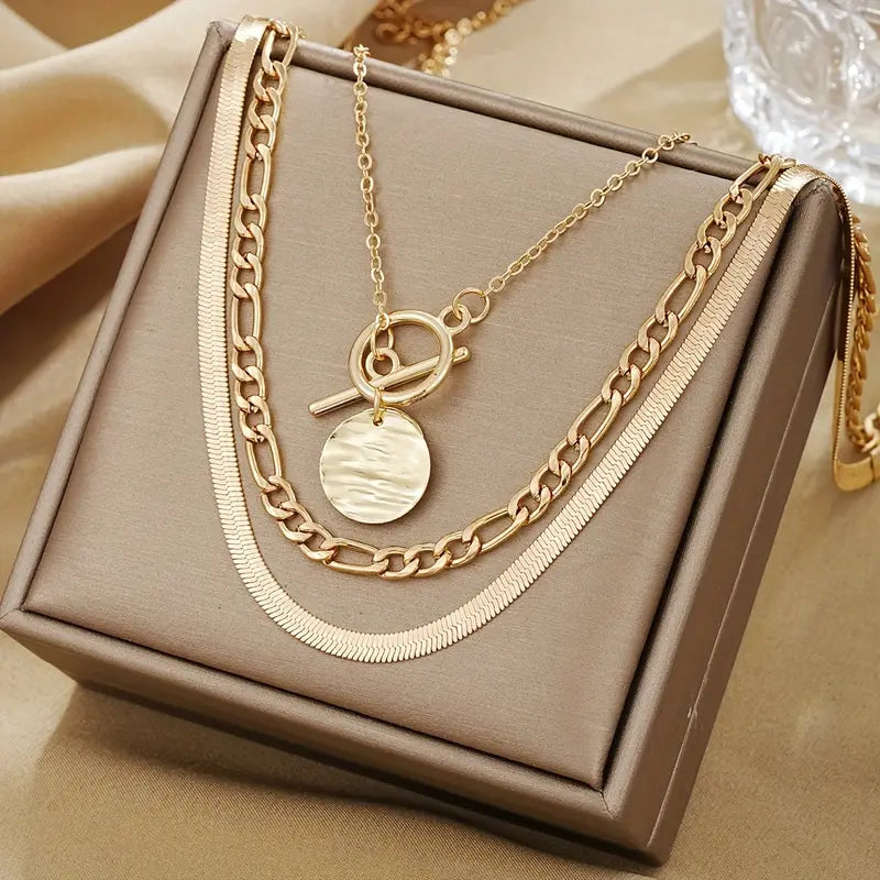 Textured Coin Layered Necklace in Gold Tone