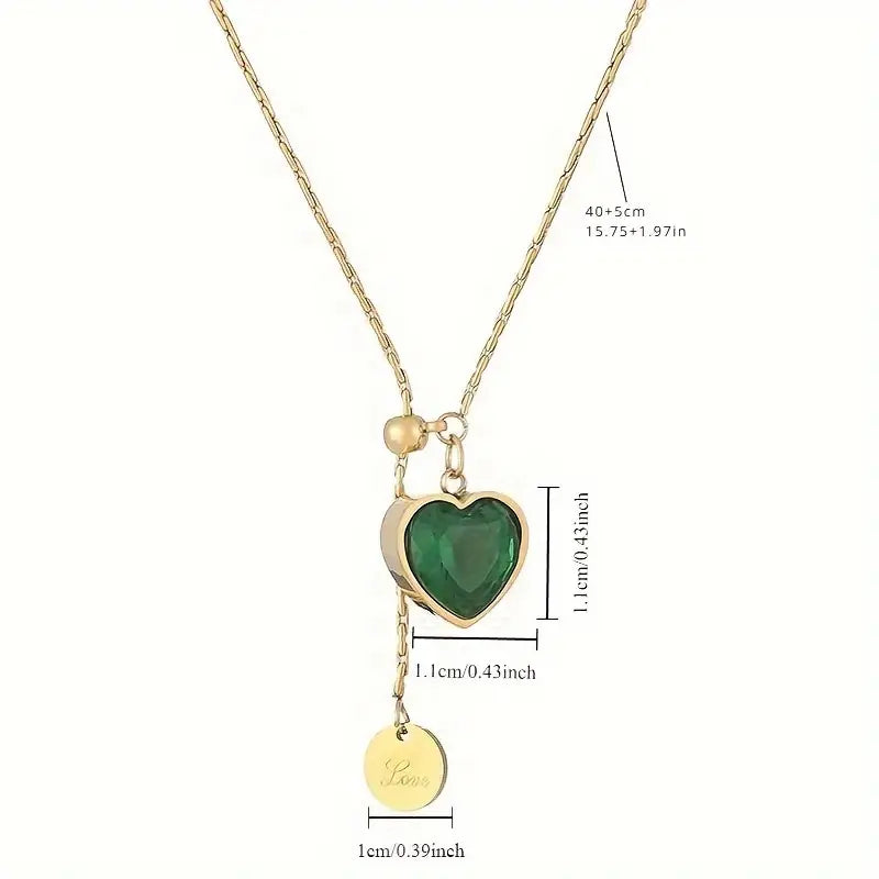Gold-Tone Necklace with Green Heart and Disc Charms