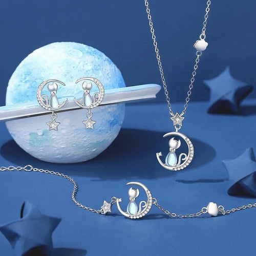 925 Sterling Silver Moon, Star and Cat Earrings with Zircon