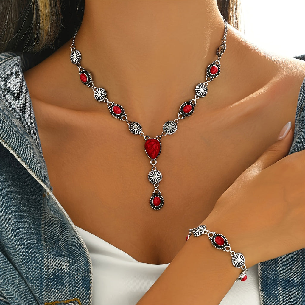 Bohemian Turquoise Floral Necklace and Bracelet Set