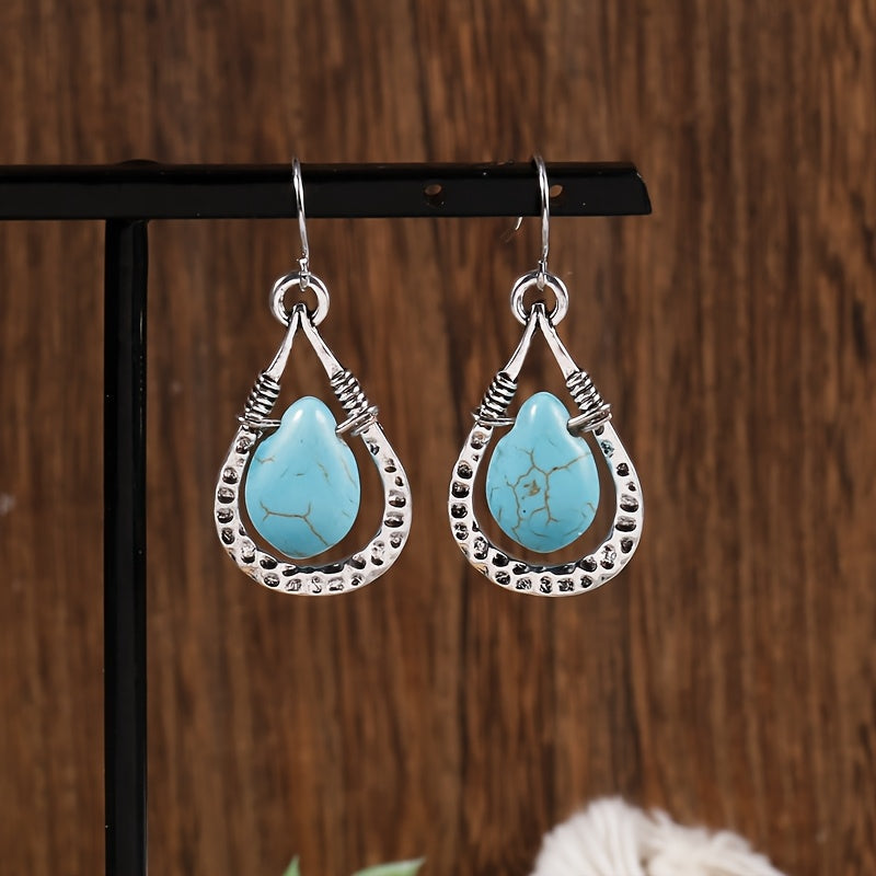 Brincos Vintage Retro com Pendente Gota de Água de Turquesa