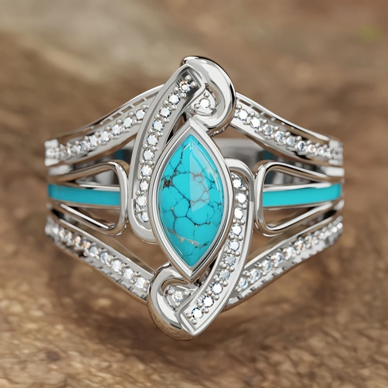 Bohemian White Gold-Plated Turquoise Ring