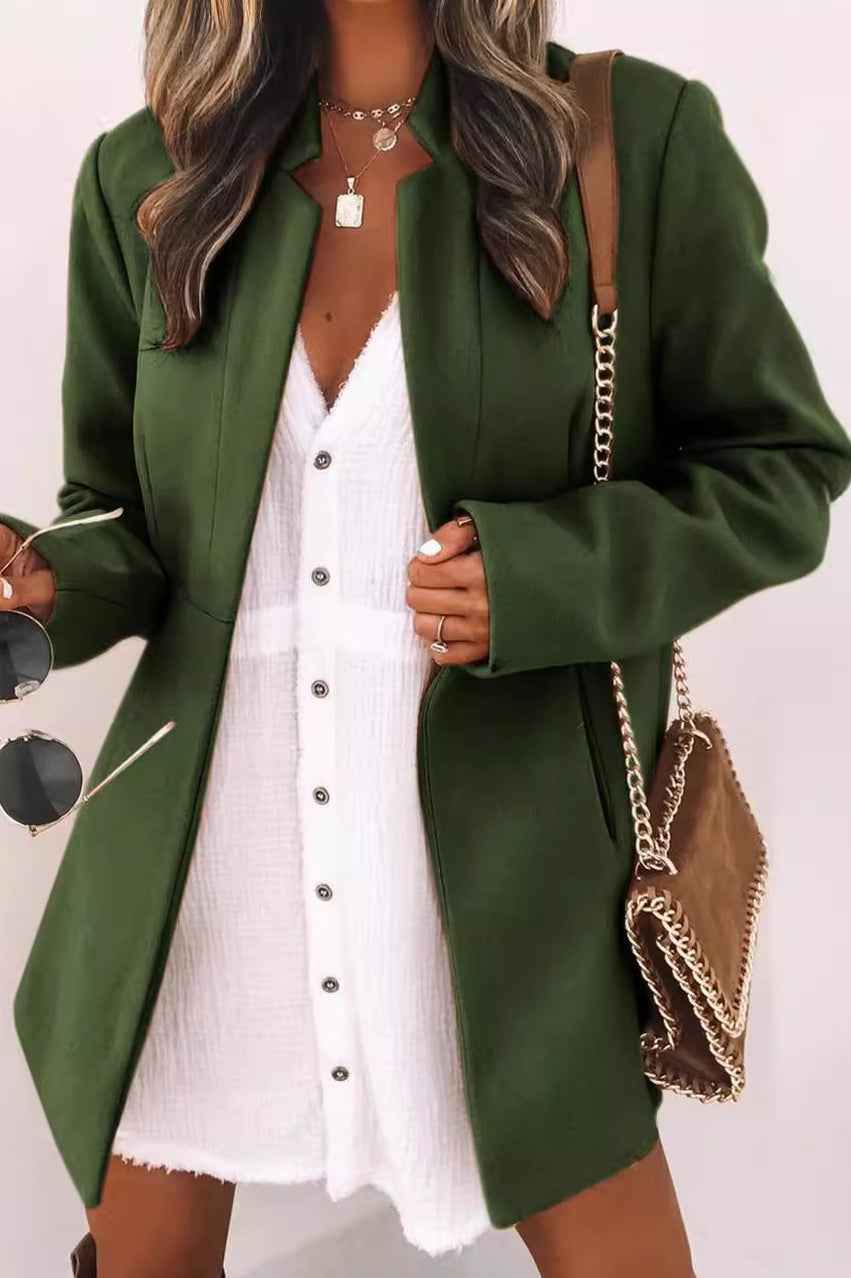 Longline Cotton Coat with a Stand Collar and Slim Cut