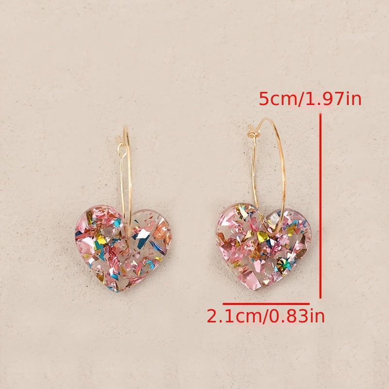 Vintage Resin Glitter Heart Pendant Earrings