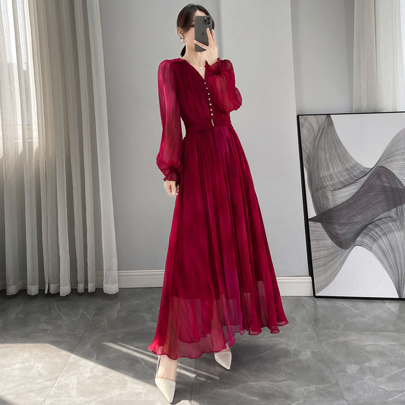 Rose Red Lantern Sleeve Beach Dress