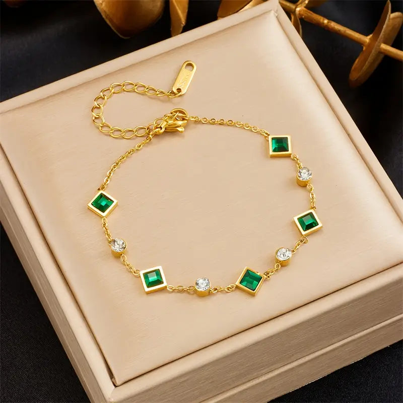 Gold-Tone Chain Bracelet with Green Stone Stations