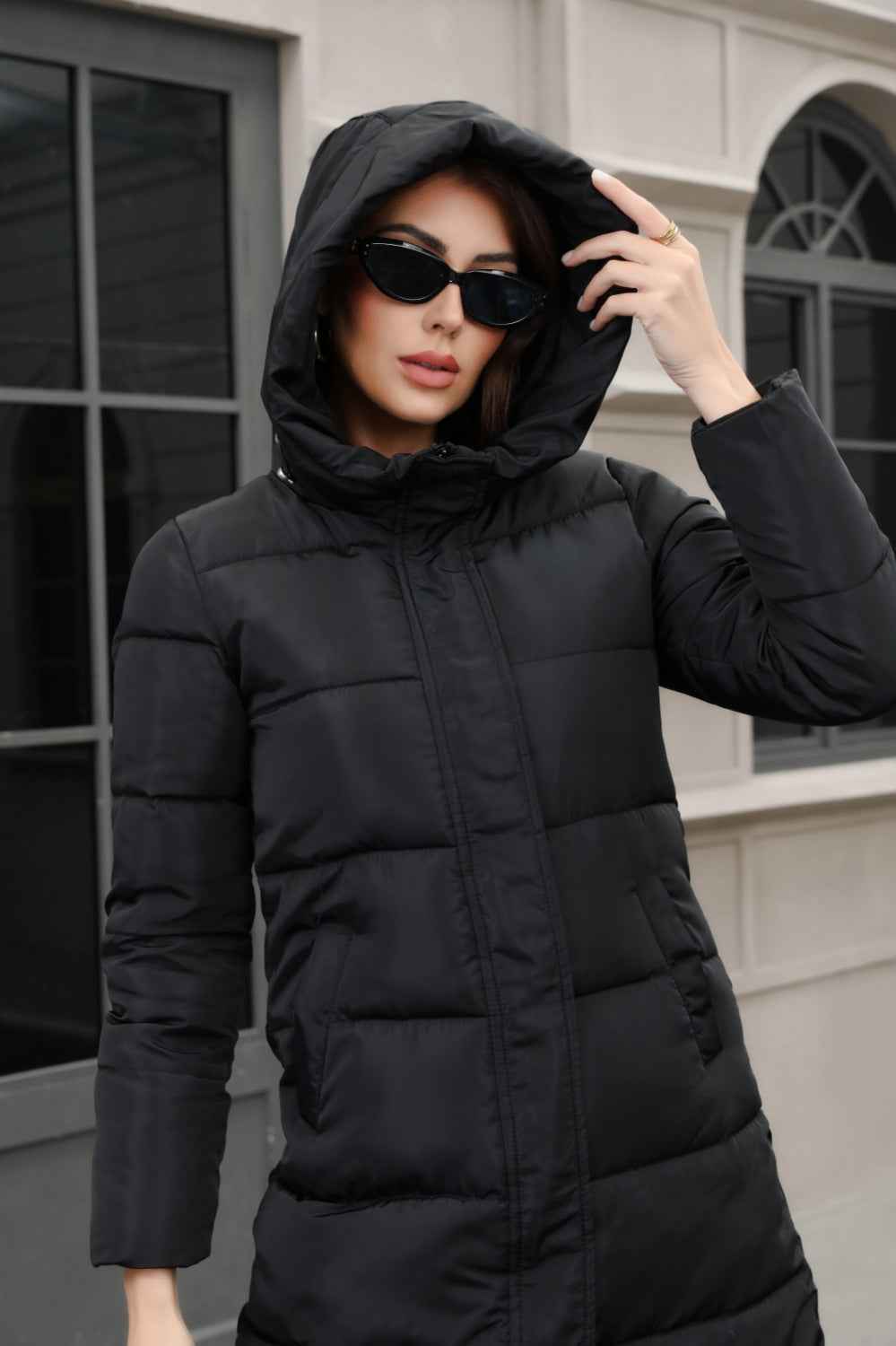 Hooded Longline Padded Jacket with Concealed Button Front
