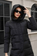 Hooded Longline Padded Jacket with Concealed Button Front