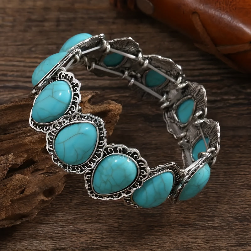 Vintage-Style Oval Turquoise Silver-Plated Statement Bracelet