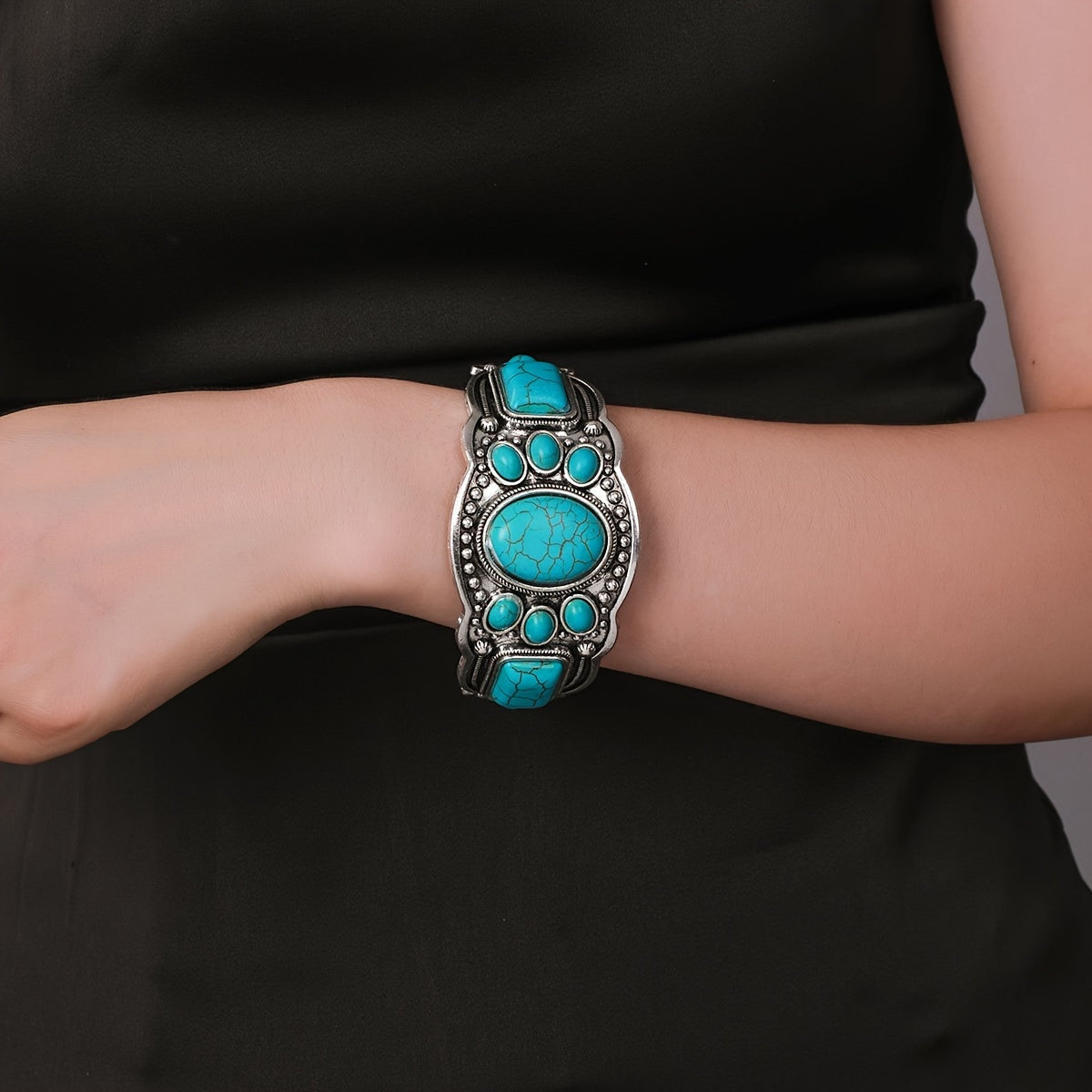 Vintage Ethnic Turquoise Open Cuff Bracelet