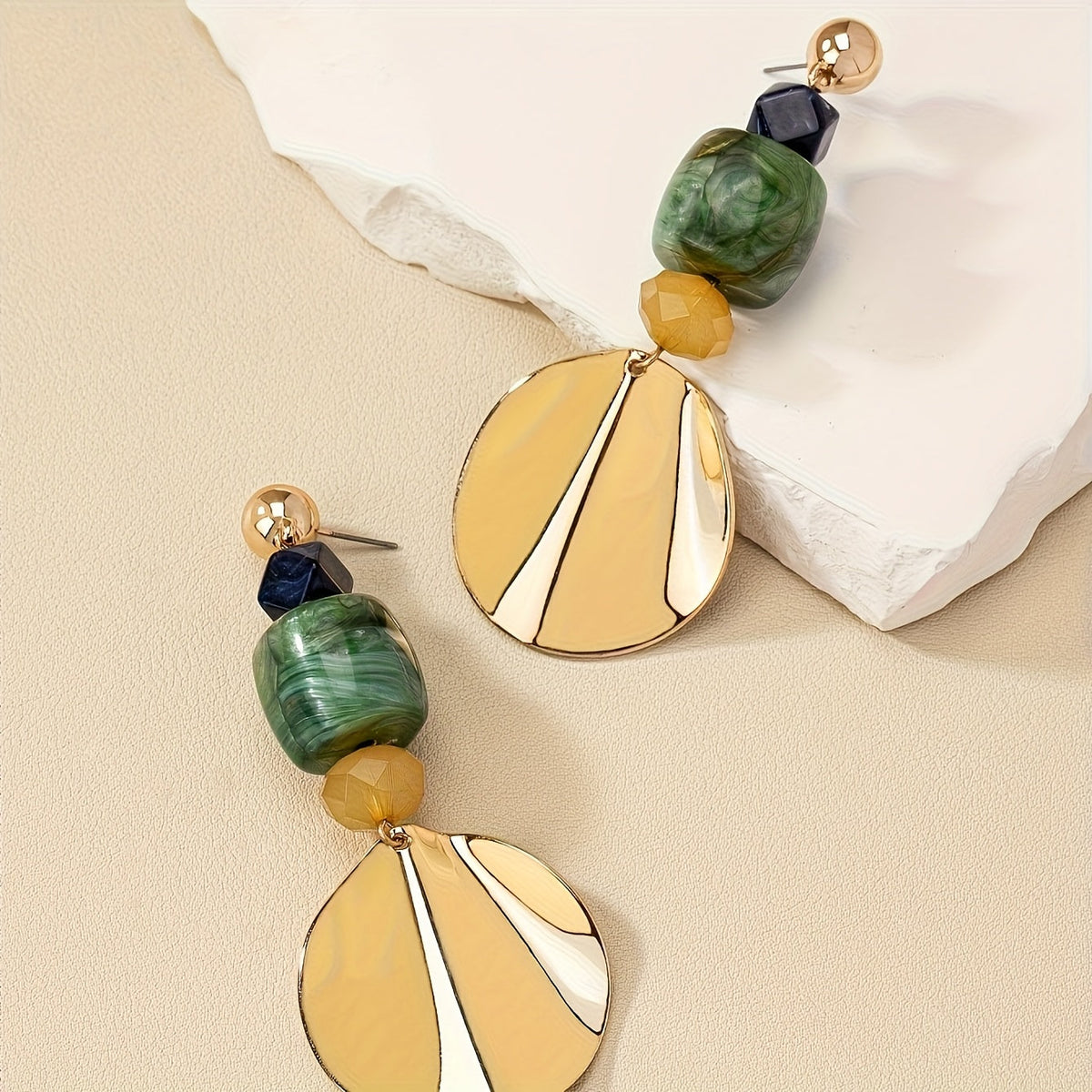 Shell Disc and Green Stone Statement Drop Earrings