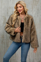 Cropped Plush Cardigan with Crew Neck and Long Sleeves