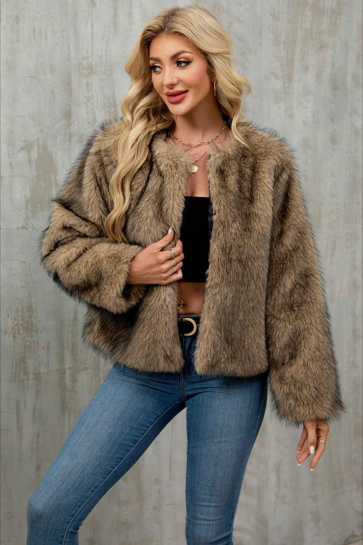 Cropped Plush Cardigan with Crew Neck and Long Sleeves