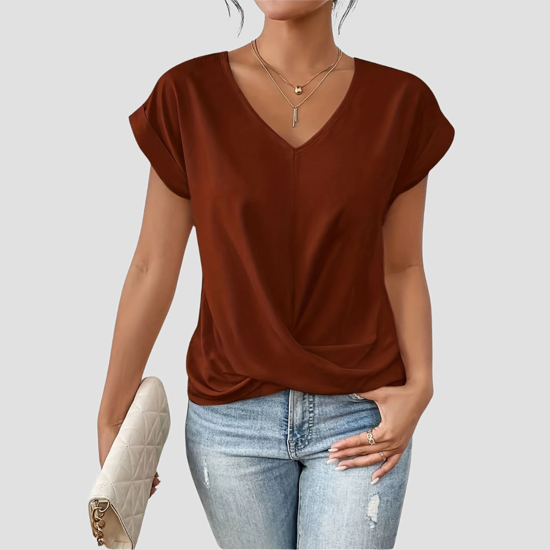 V-Neck Twist-Front Blouse with Short Sleeves