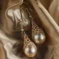 Water Drop Gold-Tone Hollow Cage Earrings with Pearl