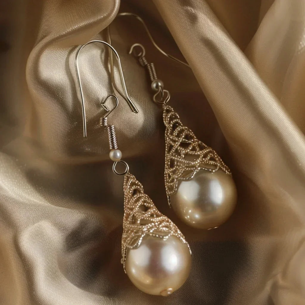 Water Drop Gold-Tone Hollow Cage Earrings with Pearl