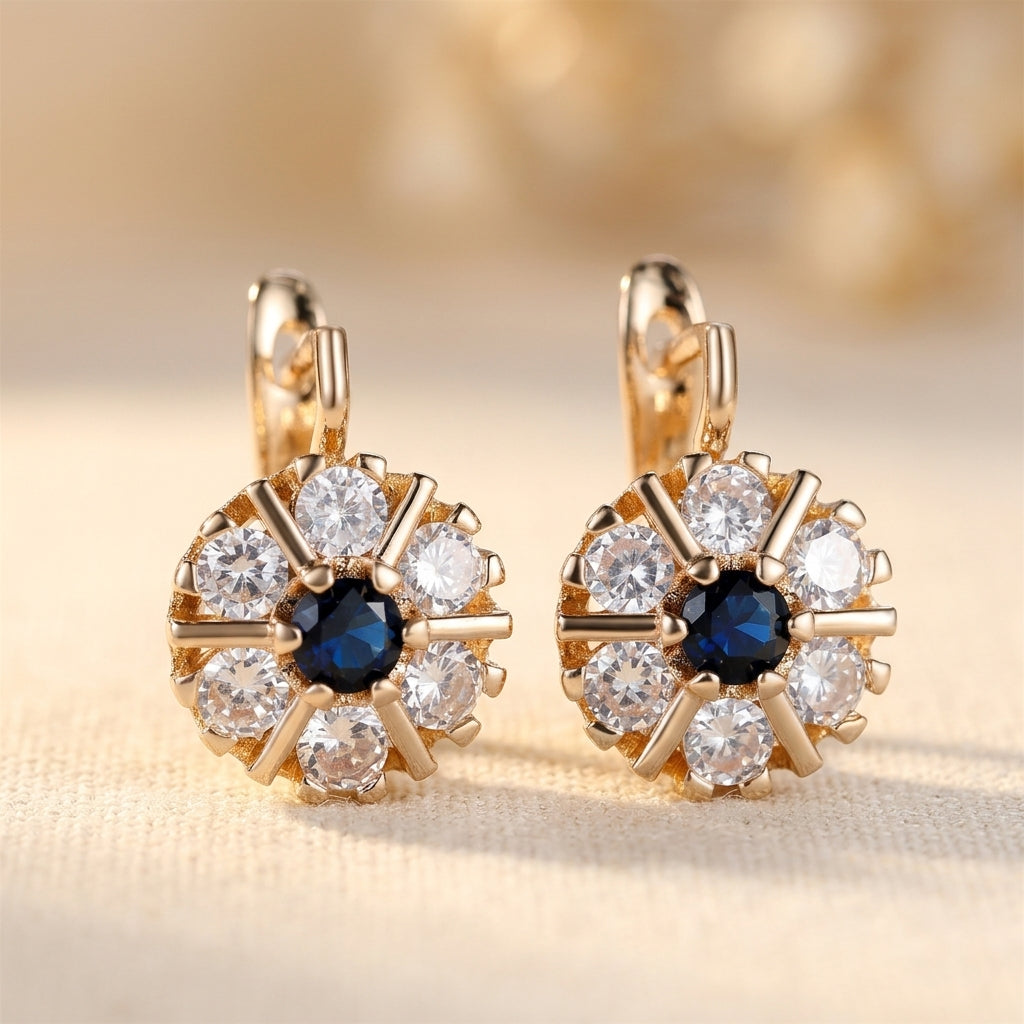 Blue Crystal and White Zircon Flower Hoop Earrings