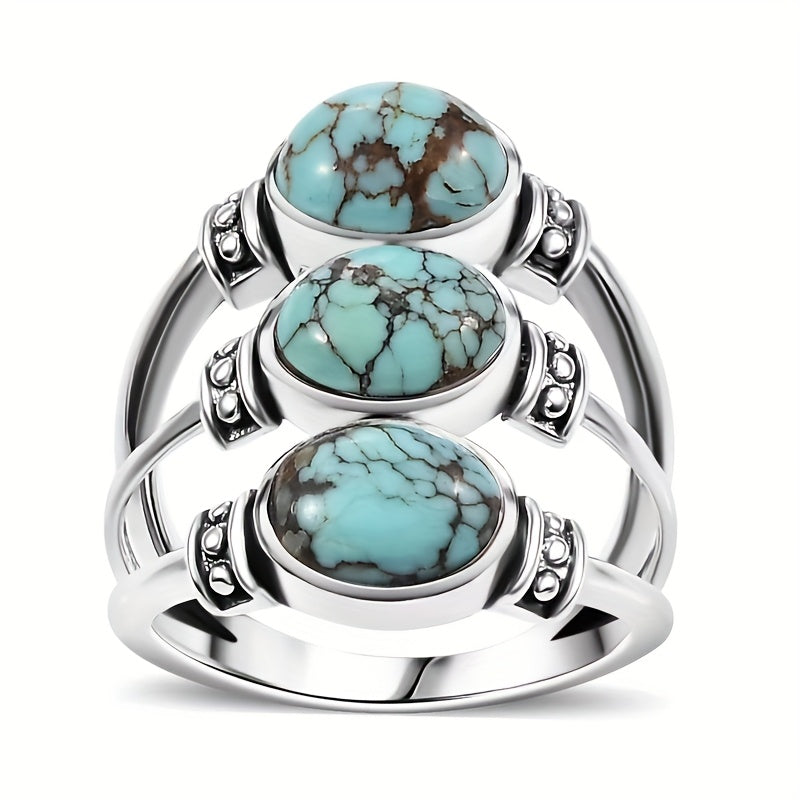 Vintage-Style Boho Triple Turquoise Silver-Tone Ring