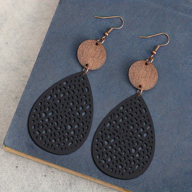 Vintage Hollow Faux Leather Drop Earrings