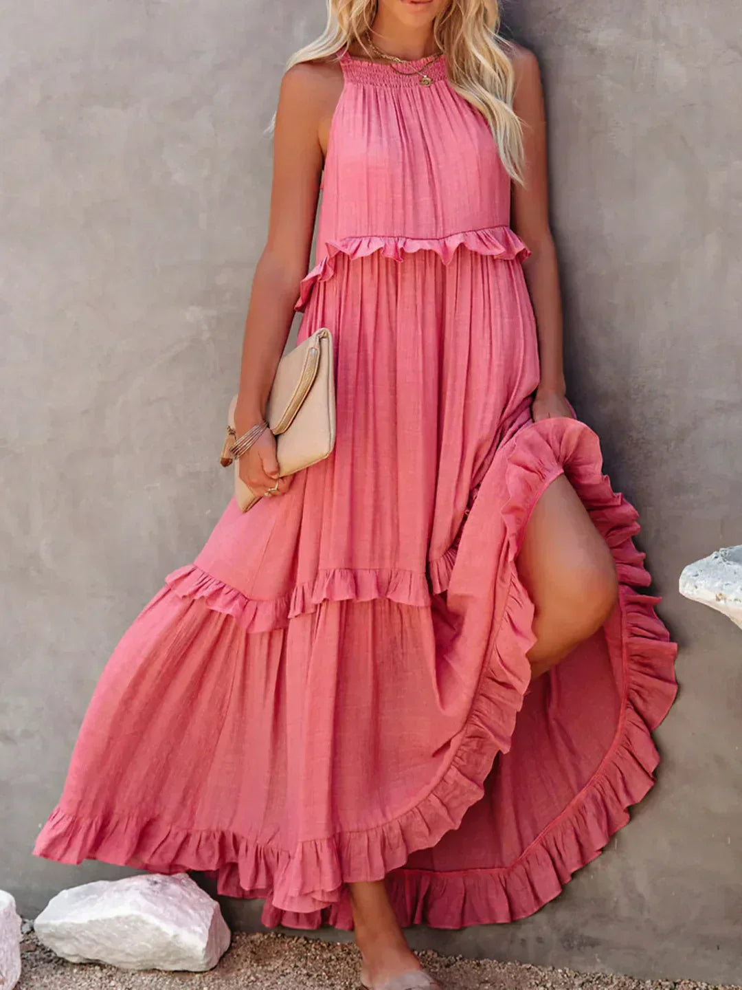 Sleeveless Halter Tiered Ruffle Maxi Dress