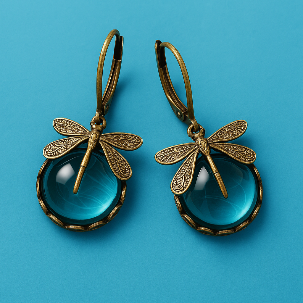 Spherical Dragonfly Earrings in Antique Gold Tone