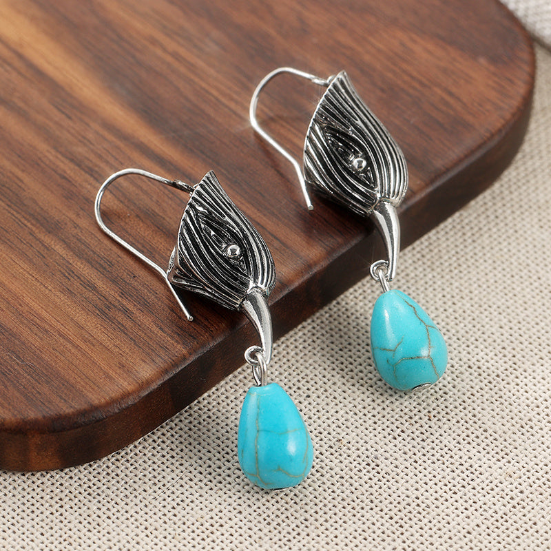 Vintage Silver-Tone Irregular Turquoise Drop Earrings