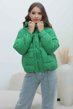 Quilted Hooded Jacket with High Collar and Drawstring Hem