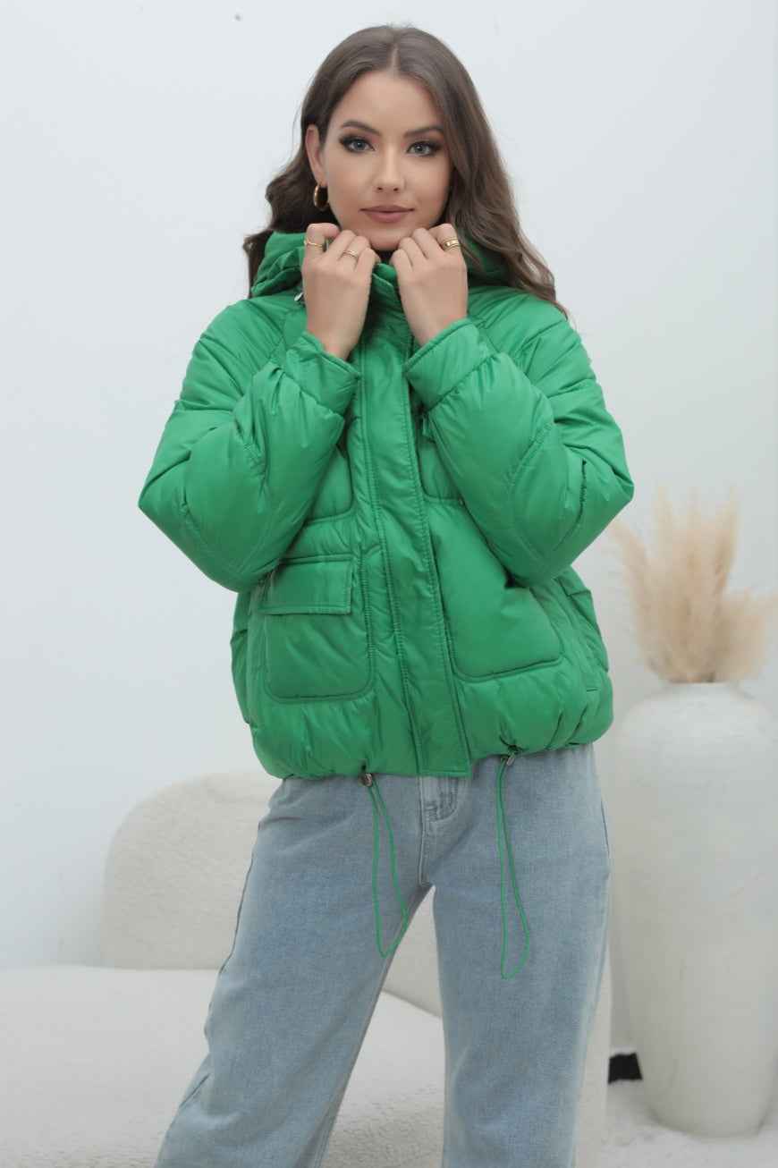 Quilted Hooded Jacket with High Collar and Drawstring Hem