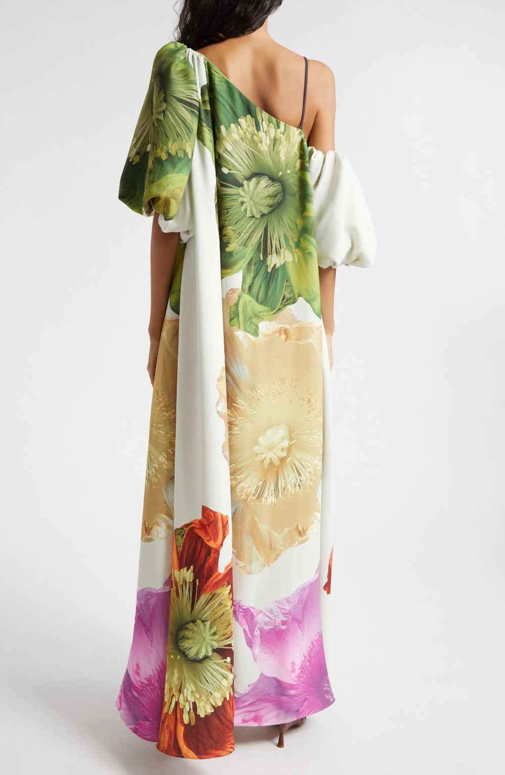 One-shoulder maxi-jurk van crêpe met bloemenprint en zakken