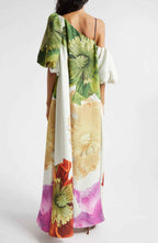 One-shoulder maxi-jurk van crêpe met bloemenprint en zakken