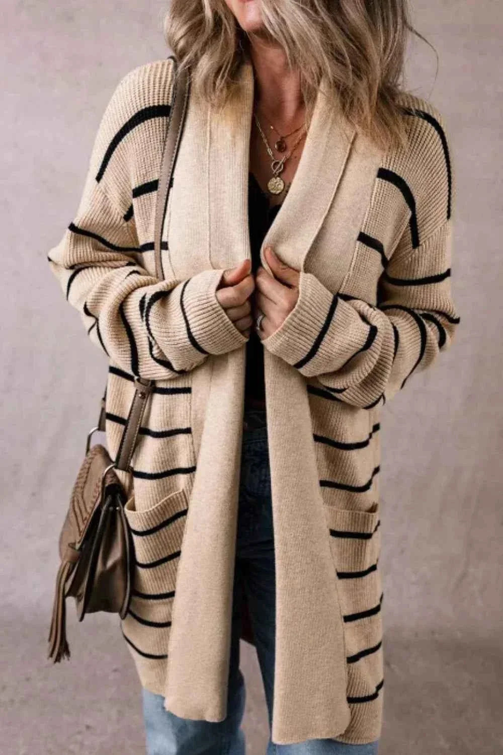Striped Open-Front Cardigan with Long Sleeves and Soft Knit