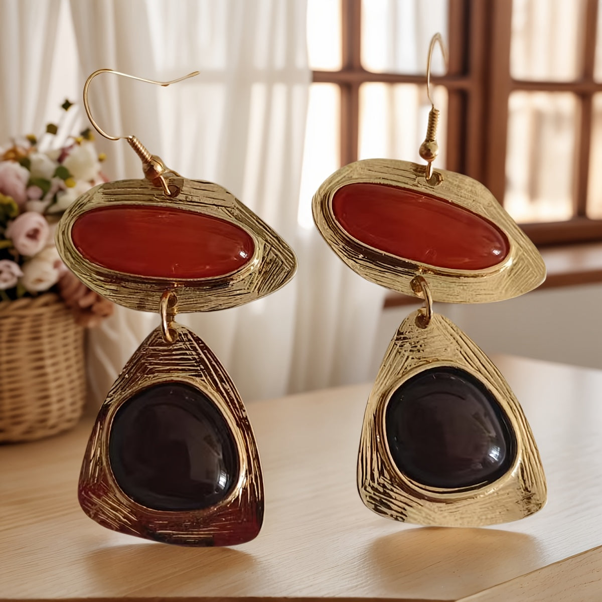 Vintage Red and Black Resin Gold-Plated Drop Earrings