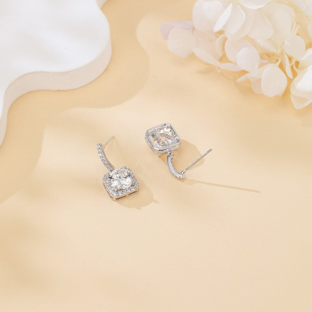 925 Sterling Silver Moissanite Halo Stud Earrings, White Gold Plated