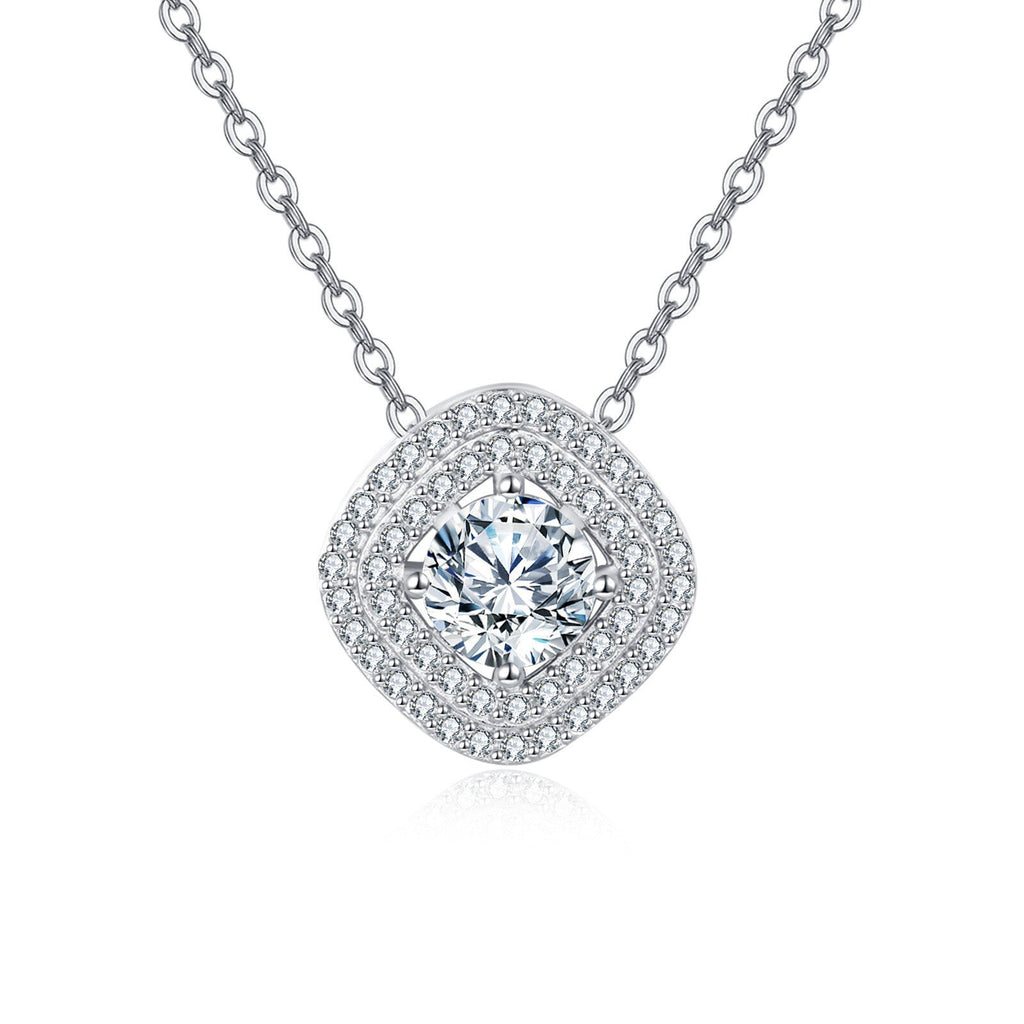 925 Sterling Silver Double Halo Moissanite Necklace, White Gold Plated