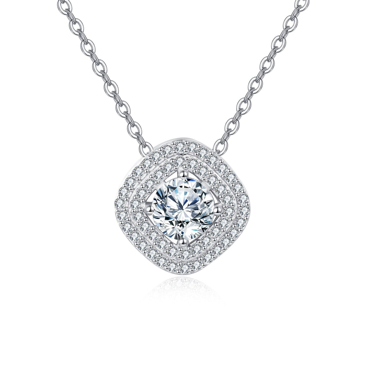925 Sterling Silver Double Halo Moissanite Necklace, White Gold Plated
