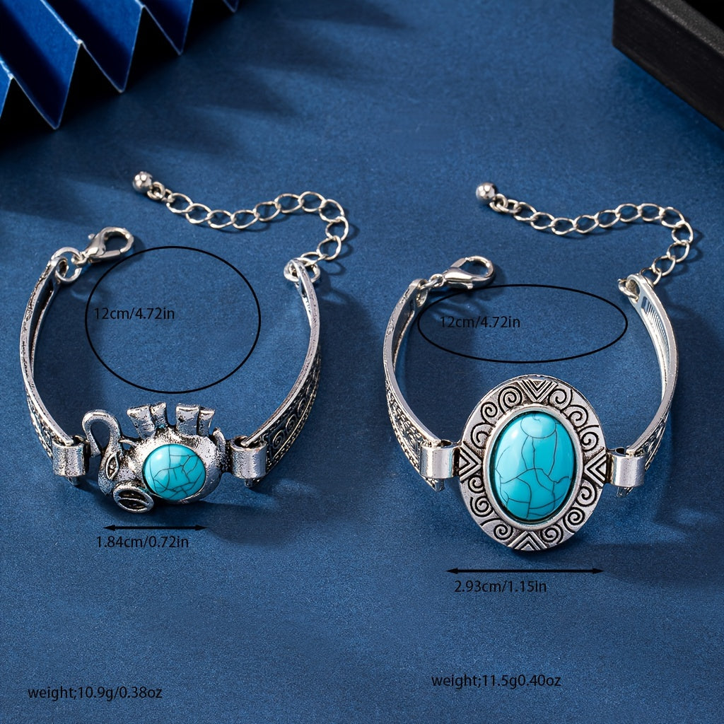 Vintage-Style Silver-Tone Bracelet with Turquoise-Look Accent
