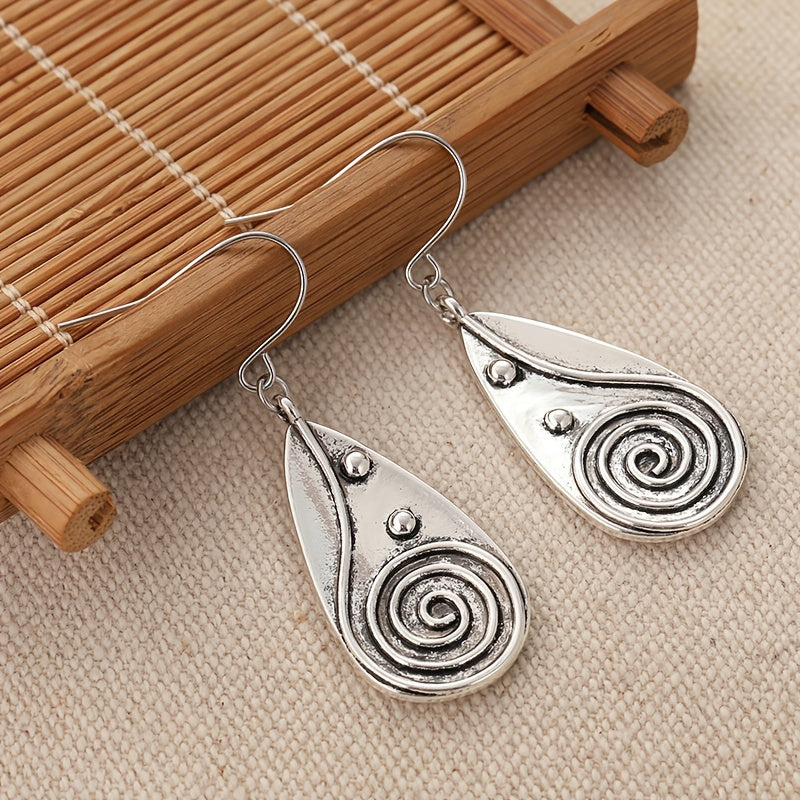 Vintage Spiral Teardrop Sun Silver-Plated Earrings