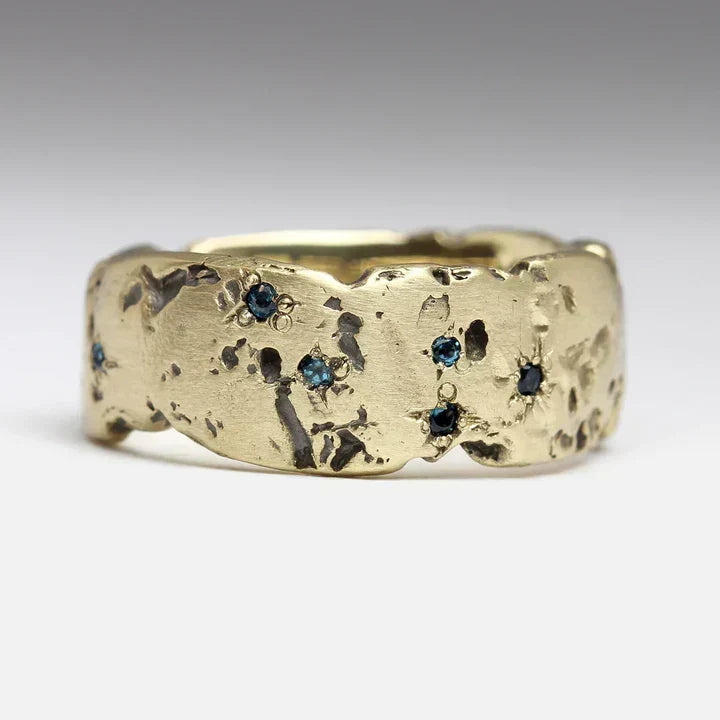 Antique-Style Forged Ring with Blue Inlaid Crystal in Gold Tone