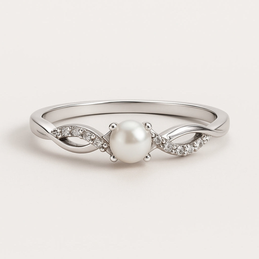Single Pearl and Zirconia Silver-Tone Ring