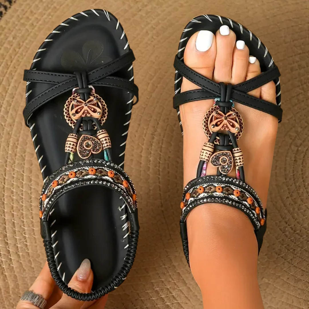 Beaded Flat T-Strap Sandals with Patterned Footbed