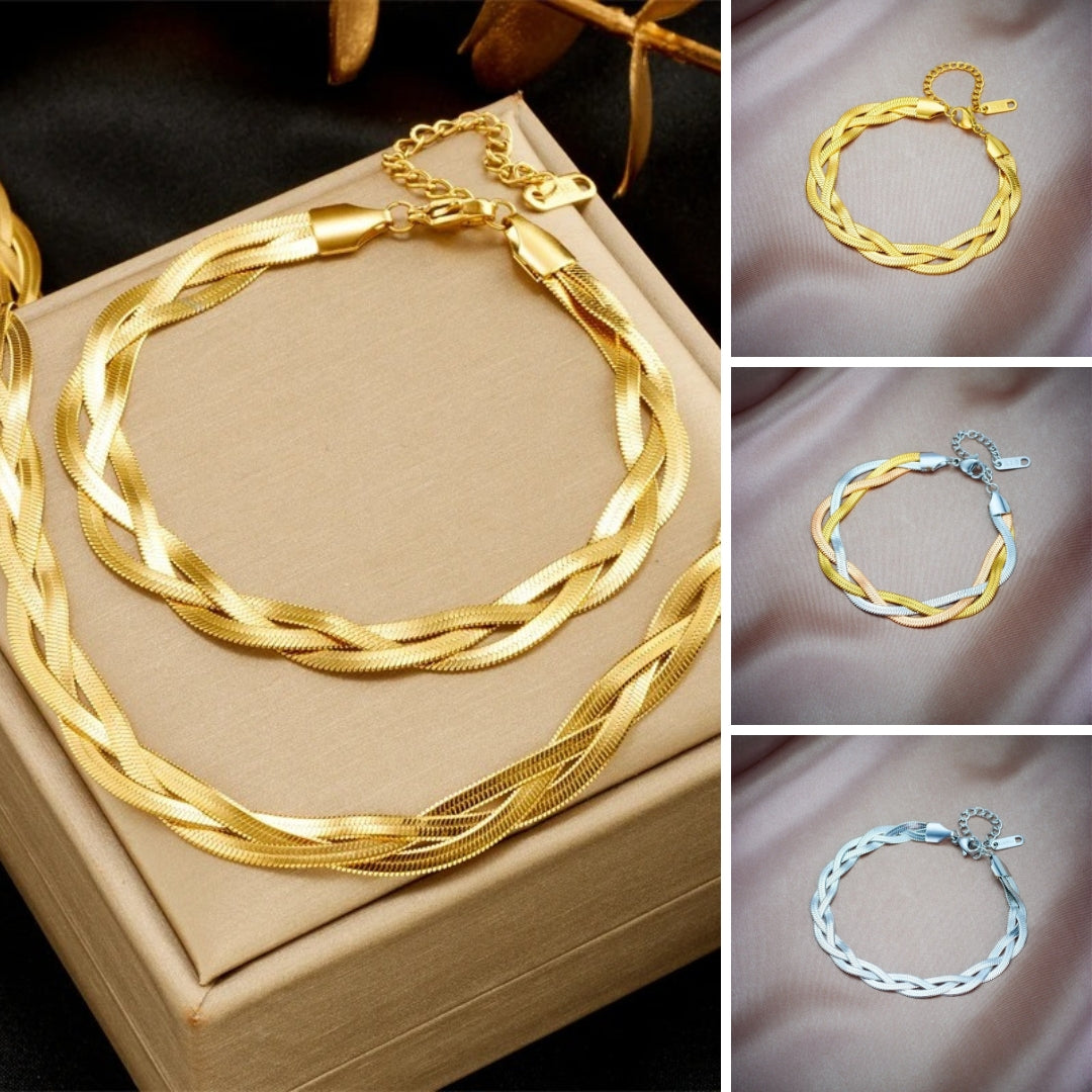 Set met slangenketting en armband in goudkleurig staal