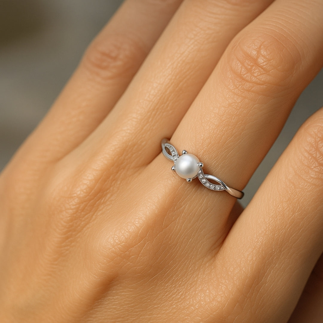 Single Pearl and Zirconia Silver-Tone Ring
