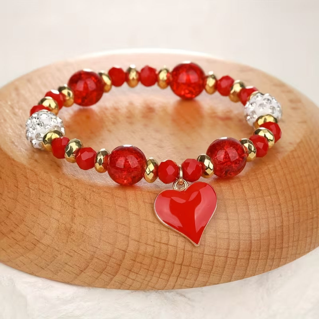Red Heart Beaded Bracelet Set