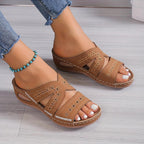 Faux Leather Open-Toe Wedge Heel Sandals with Floral Stitching