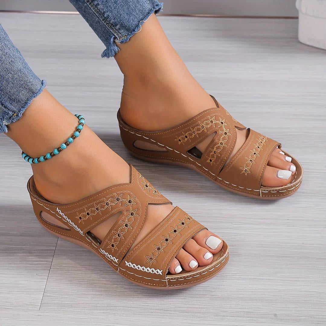 Faux Leather Open-Toe Wedge Heel Sandals with Floral Stitching