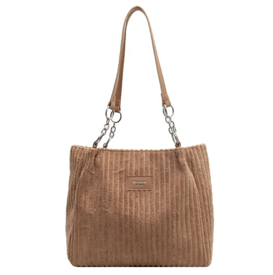Corduroy Shoulder Tote Bag with Zip Closure